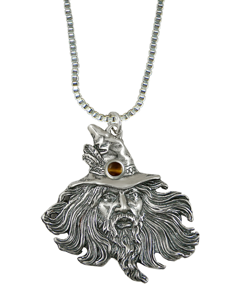 Sterling Silver Wizard by Fantasy Artist Julie Guthrie Pendant With Tiger Eye